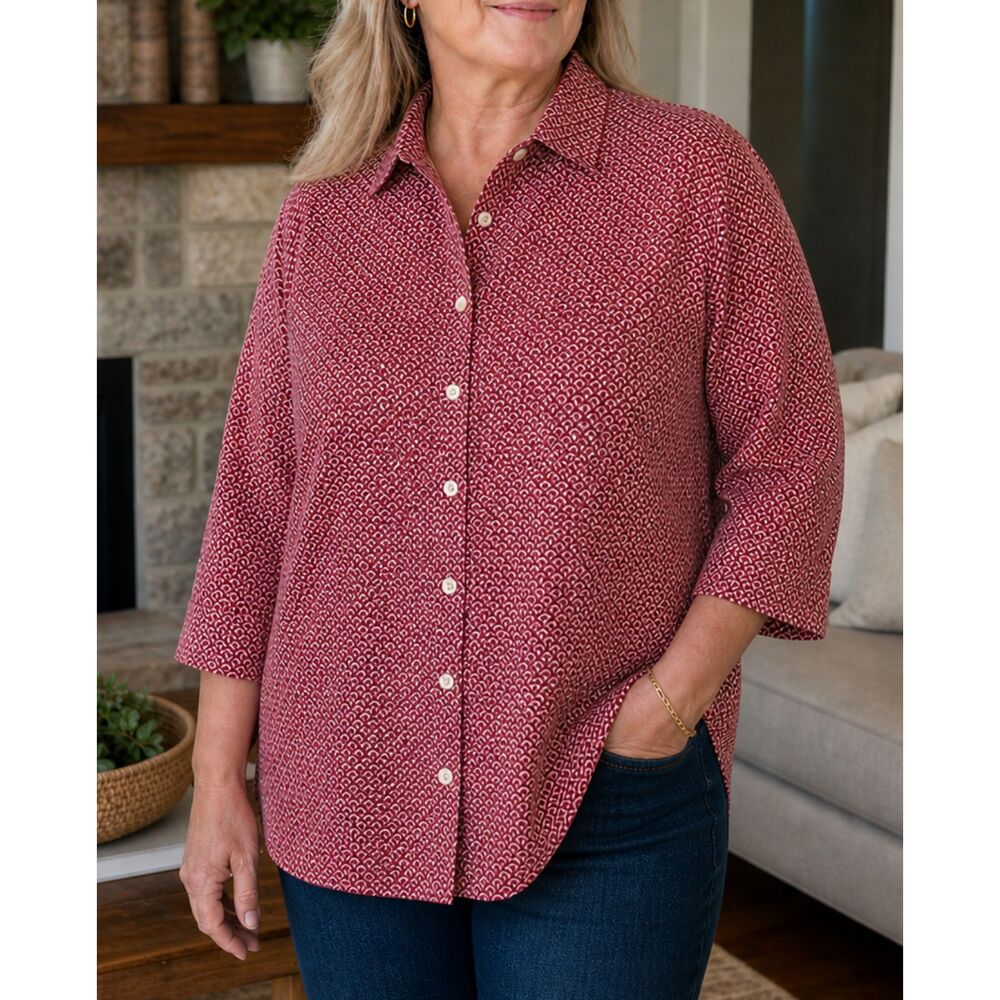 LANDS' END No Iron Supima 18 Women's Pink Brown Print Button Up 3/4 Sleeve Top